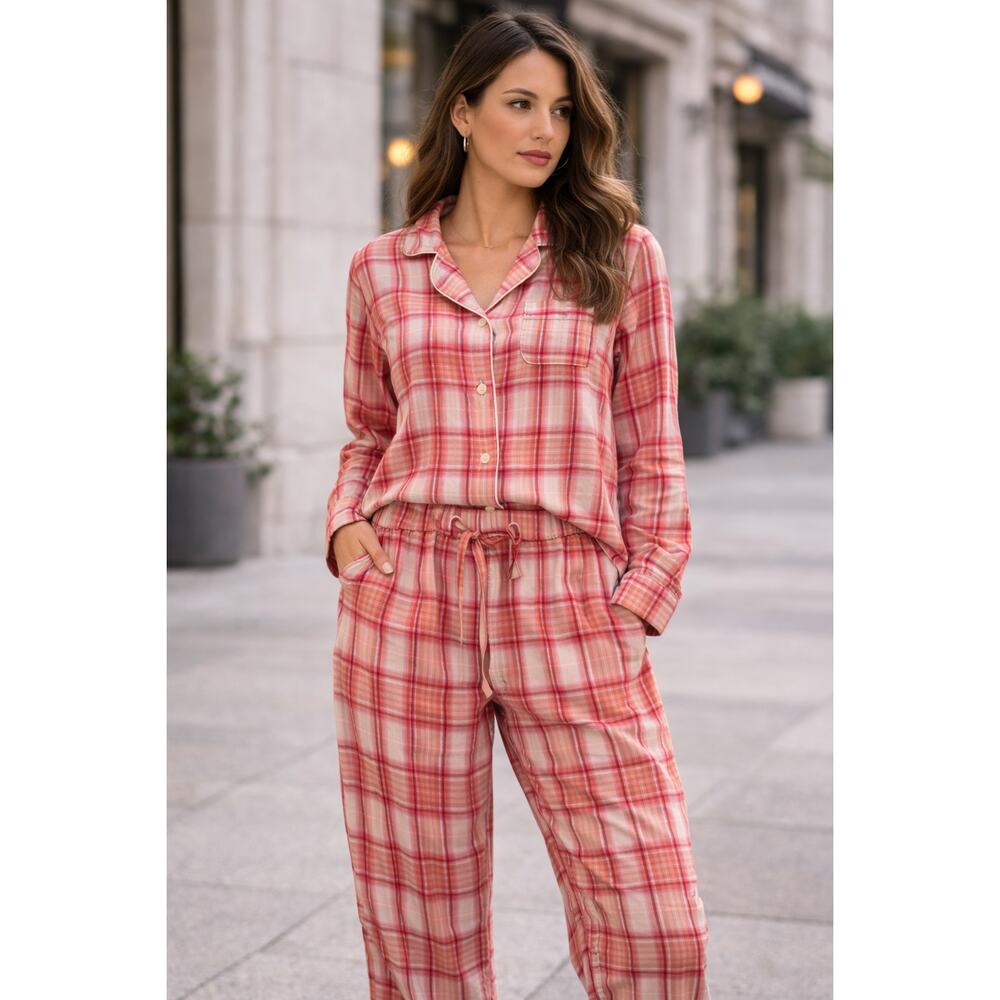 J.Crew Flannel Long-Sleeve Pajama Set in Blush Tartan